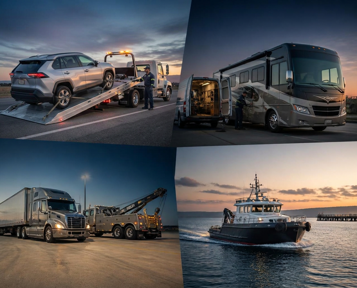 Zipfixx provider network service environments: light-duty flatbed tow truck, Class A motorhome receiving mobile service, semi tractor-trailer with heavy-duty wrecker, and a professional marine assistance vessel